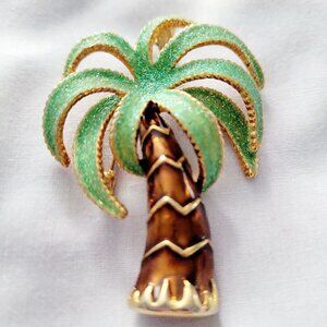 Vintage 1980s Palm Tree Brooch Enamel Gold Tone Tropical Statement Pin